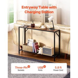 41.7\" Narrow Console <b>Table</b> with Power Outlets 2-Tier Long Entryway Metal Frame <b>Sofa</b> <b>Table</b> Behind Couch <b>Table</b> - Product Image 2