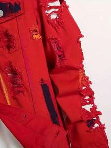 Crescent Wear Men's Red Ripped Denim <b>Jacket</b> Regular Fit <b>Punk</b> Style Button Fly Solid Color Wash Eco-Friendly Cotton Fabric Winter - Product Image 6