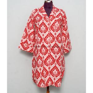 Hermosa Camisa Larga de Algodón Indio Roja para Mujer, Vestido Cruzado con Cinturón, Decoración de Botones, Estilo Simple y Dulce, Línea A, Ropa Étnica Moderna para Estar en Casa - Product Image 6