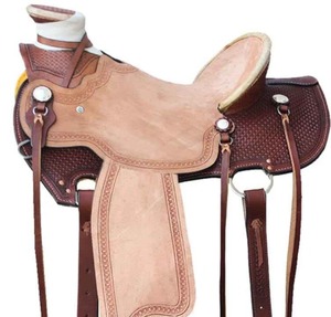 Selle de cheval Western en cuir marron, modèle Big Horn, avec panier, finition bronzée et cuir brut, assise rigide, de 10 à 18 pouces, ASHMIRA EQUESTIAN - Product Image 1