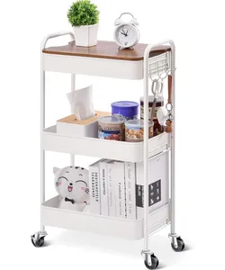 Modern Metal <b>Storage</b> <b>Cart</b> with Wooden Top 3-Tier Rolling Trolley for Kitchen Living Room Organization - Product Image 3