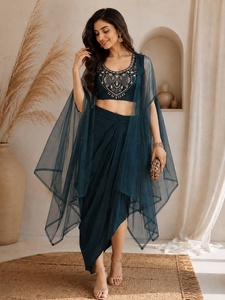 Women Ethnic Teal Green Embroidered Crop <b>Top</b> With Asymmetric Skirt And <b>Net</b> Dupatta Party Wear Set India Pakistan Style - Product Image 2