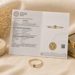 Bague en or jaune massif 10 carats avec diamant de laboratoire certifié IGI, dernière création de bijoux fins pour femmes avec émeraude colombienne - Product Image 6