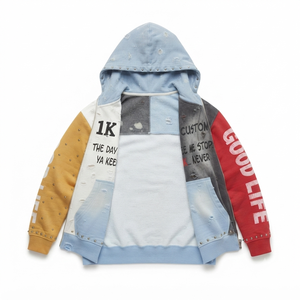 Custom Distressed Color Block Studded Full <b>Zip</b> Hoodie Heavyweight Cotton Printed Oversized Full <b>Zip</b> Hoodies Streetwear Factory - Product Image 2