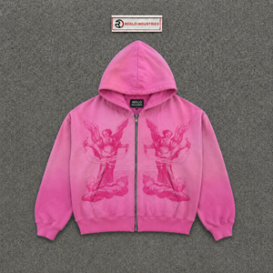 Pink Oversized Hooded Sweatshirt <b>Men</b> Casual Angel Print Front Pocket Regular Fit Sublimation Transfer Print Polyester <b>Fleece</b> - Product Image 5