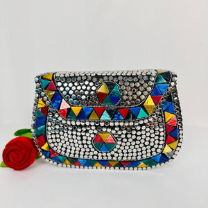 Modern Vintage Antique Designer Women's <b>Clutch</b> <b>Bag</b> Silver Metal Beads Sling Purse with Polished Sculpture - Product Image 6