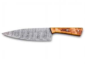 Couteau de Chef Artisanal en Acier Damas à Haute Teneur en Carbone de 8 Pouces, Manche en Bois d'Olivier, Manche Intégral, Mosaïque de Pins, pour Préparation Culinaire et Tranchage - Product Image 2