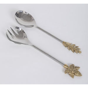 Juego de utensilios de cocina decorativos de metal con diseño de hoja dorada, de acero inoxidable ecológico con mango de latón, para servir ensaladas en restaurantes. - Product Image 1