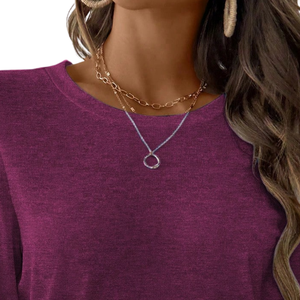 Women's Purple <b>Long</b> <b>Sleeve</b> Lace Trim Blouse Solid Color Round Neck Pullover <b>Top</b> for Daily Wear - Product Image 4