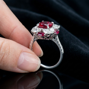 แหวนแต่งงานทองคำขาวแท้ 18k ประดับเพชรและทับทิมแท้ ดีไซน์ดอกไม้ สวยหรู สำหรับผู้หญิงในงานปาร์ตี้ - Product Image 2