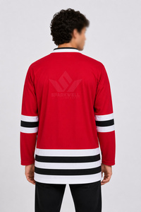 เสื้อฮอกกี้น้ำแข็งสีแดงแบบกำหนดเองสำหรับผู้ชาย คอวี แขนยาว ลายทาง ระบายเหงื่อได้ดี ผลิตจากโพลีเอสเตอร์ ชุดยูนิฟอร์มทีมสำหรับผู้ใหญ่ - Product Image 2