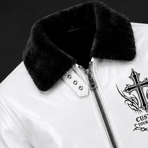Custom Men <b>White</b> Faux Leather <b>Biker</b> <b>Jacket</b> Black Fur Collar Graphic Motorcycle <b>Jacket</b> Premium Streetwear Winter Style For Unisex - Product Image 6
