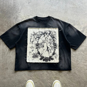 เสื้อยืดโอเวอร์ไซส์สีดำสำหรับผู้ชาย แขนสั้น คอกลม ปักลายดอกไม้ด้านหน้า สไตล์วินเทจ ผ้าฝ้ายทอ - Product Image 1