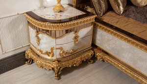 Juego de dormitorio de lujo de madera de teca maciza estilo Mid-Century para apartamento, con armario tallado en oro tamaño Queen/California King y 2 mesitas de noche. - Product Image 5