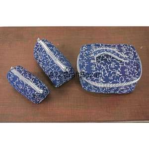 ชุดกระเป๋าเครื่องสำอางผ้าฝ้ายพิมพ์ลายบล็อก 3 ชิ้น ขนาดใหญ่ กันน้ำ ทนทาน ใช้ซ้ำได้ เหมาะสำหรับการเดินทาง - Product Image 4