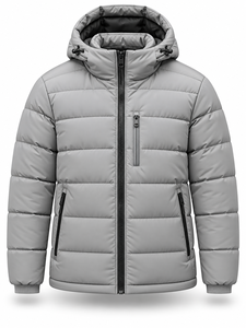 Men's Gray Hooded Puffer Jacket <b>Waterproof</b> Quick Dry Front Logo Windproof Zipper Closure 100% Polyester <b>Winter</b> Casual <b>Coat</b> - Product Image 1