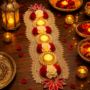 Camino de mesa para velas de Diwali con rosas rojas, encaje de perlas y portavelas dorados para decoración de bodas y hogar. - Product Image 1