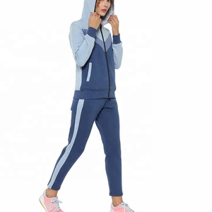 Ensemble de survêtement bleu trois tons pour femme, sweat-shirt à capuche zippé et pantalon de jogging slim, tenue de sport athlétique - Product Image 4