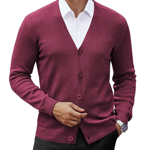 Suéter de Punto de Algodón para Hombre, Estilo Casual, Color Borgoña, Cuello en V, Manga Larga, Cierre de Botones, Corte Regular, para Otoño - Product Image 1