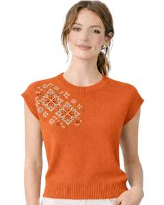 Gilet tricoté sans manches pour femme, orange personnalisé, broderie florale, col rond, doux, léger, décontracté, élégant, haut de mode estival - Product Image 1