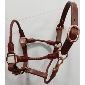 Top Quality Leather Horse <b>Halter</b> in Brown Colour Soft Padded with Brass Fitting knitted nose band and cheekpiece - Product Image 1