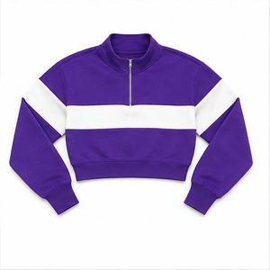 Sudadera Corta Clásica para Mujer, Color Morado Real, Personalizable, con Cierre de Media Cremallera, Dobladillo de Canalé Suave, Mezcla de Algodón WHZCROP-0007 - Product Image 4