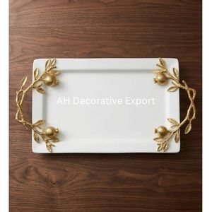Bandeja de Servir Rectangular Decorativa Otomana de Metal Esmaltado Blanco Hecha a Mano con Asas de Latón Dorado en Forma de Ramita de Granada - Product Image 6