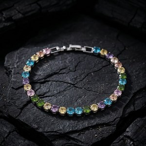 Pulsera de tenis de moissanita de corte redondo arcoíris en plata 925 con baño de oro y cadena colorida, brazalete chapado en rodio, joyería para mujer, ideal para fiestas. - Product Image 1