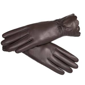 Brown leather fashion women gloves with bow - Product Image 2