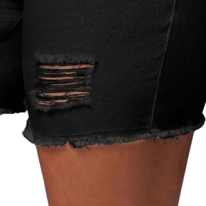 Womens Mid <b>Waist</b> Black Denim Shorts Washed Drawstring <b>Elastic</b> <b>Waist</b> Distressed Ripped Casual Stretch Summer Everyday Style 6XL - Product Image 6