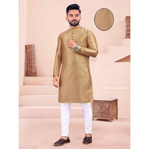 KURTA DE COTON JACQUARD DE CRÉATEUR PRÊT-À-PORTER AVEC PAYJAMA DORÉ - Product Image 1