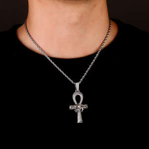 Pendentif Croix Ankh en Argent Sterling Sertie de Diamants, Collier Ancien Plaqué Or 14K avec Chaîne Corde, Diamants de Laboratoire Hip-Hop pour Hommes et Femmes - Product Image 3