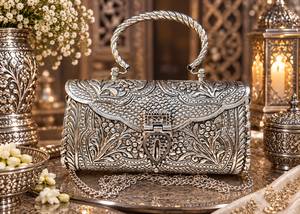 Handmade Vintage <b>Silver</b> Plated Ethnic Metal <b>Clutch</b> <b>Bag</b> with Gemstones and Ornate Floral CarvingsLuxury Evening Handbag for Women - Product Image 2