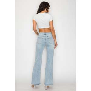 Jean évasé bleu clair taille haute, coupe large, effet usé, pour femme - Product Image 3