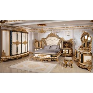 Juego de Dormitorio de Lujo de Madera de Teca Sólida en Oro Blanco Real, Estilo Mediados de Siglo, con Armario California King/Queen, Mesitas de Noche Ornamentadas y Tocador - Product Image 1