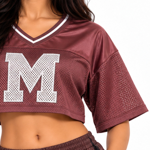 Trendy <b>Women's</b> <b>Burgundy</b> Cropped Mesh Football Jersey V Neck Streetwear <b>Top</b> Custom Number OEM Wholesale - Product Image 3
