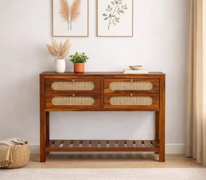 Boho Rattan Solid Wood <b>Console</b> <b>Table</b> with 4 Drawers | Modern Wooden Hallway <b>Table</b> with Woven Rattan Drawers & Slatted Shelf - Product Image 1