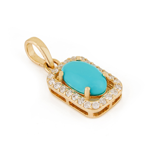 Minimal Design Oval Shape Turquoise & Round Cut Diamond Simple Halo <b>Pendant</b> Fine 14K <b>Solid</b> Yellow <b>Gold</b> Everyday Girls Jewelry - Product Image 3