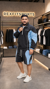 REXFIT SPORTS 2026 Ensemble de survêtement en nylon froissé noir et bleu, veste à demi-zip et short, streetwear et vêtements de sport personnalisés - Product Image 2