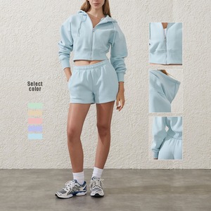 ชุดวอร์มวิ่งออกกำลังกายสำหรับผู้ชายแบบสองชิ้น แขนยาวมีซิป ฮู้ดดี้ กางเกงขาสั้น ลายพิมพ์ย้อมสีแบบแอซิดวอช ผ้าเทอร์รี่ - Product Image 1