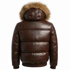 Veste matelassée en cuir marron pour homme avec capuche en fourrure |   Blouson d'hiver en cuir véritable - Product Image 2