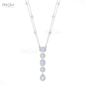 Collier en or massif 14 carats avec pierre de lune taille poire 5x3mm et halo de diamants, bijoux fins personnalisés pour femmes, Chordia Jewels - Product Image 3