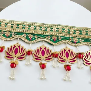 Elegant Indian Wedding Bandhanwar with Green Gold Embroidery Red Lotus Charms and Pearl Hanging Tassels - Product Image 3