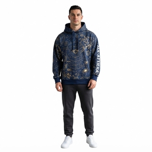 Sudadera con Capucha Azul Marino para Hombre con Estampado Gráfico Celestial Dorado, Sudadera Personalizada de Estilo Urbano - Product Image 1