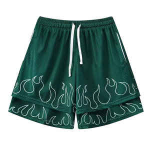 Wholesale 100% Polyester Men's Double <b>Layer</b> Knitted Mesh <b>Mid</b> Waist Shorts Flame Pattern Elastic Waistband Sublimation Flared - Product Image 1