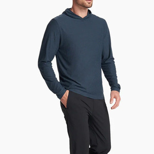 Custom High Quality Men's Dark Blue Long Sleeve Hooded Fishing Shirt Quick Dry UPF 50 Solid Color Pullover <b>Top</b> - Product Image 4