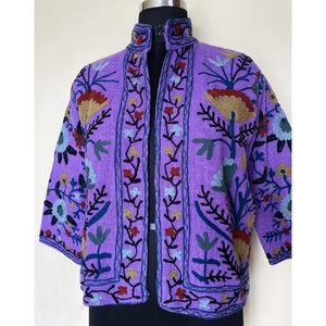 SHYAM EXPORT Abrigo Corto de Mujer con Cuello Mandarín de Terciopelo Floral Morado Bordado a Mano, Manga Larga, 100% Algodón, Ropa de Primavera - Product Image 3