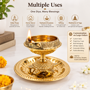 Handcrafted Brass Tortoise Diya <b>Oil</b> <b>Lamp</b> with Decorative Plate Traditional Puja Deepak for Home Temple Diwali Decor - Product Image 4