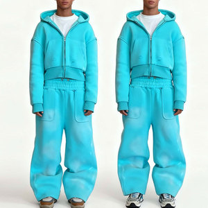 Custom Cropped Printed Flared <b>Hoodie</b> and Sweatpants Set Baggy Cotton Acid Wash Streetwear Tracksuit for Men - Product Image 4