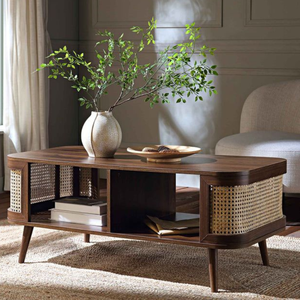 Mesa de Centro Escandinava de Madera de Teca Maciza con Detalles Tejidos en Ratán - Product Image 1